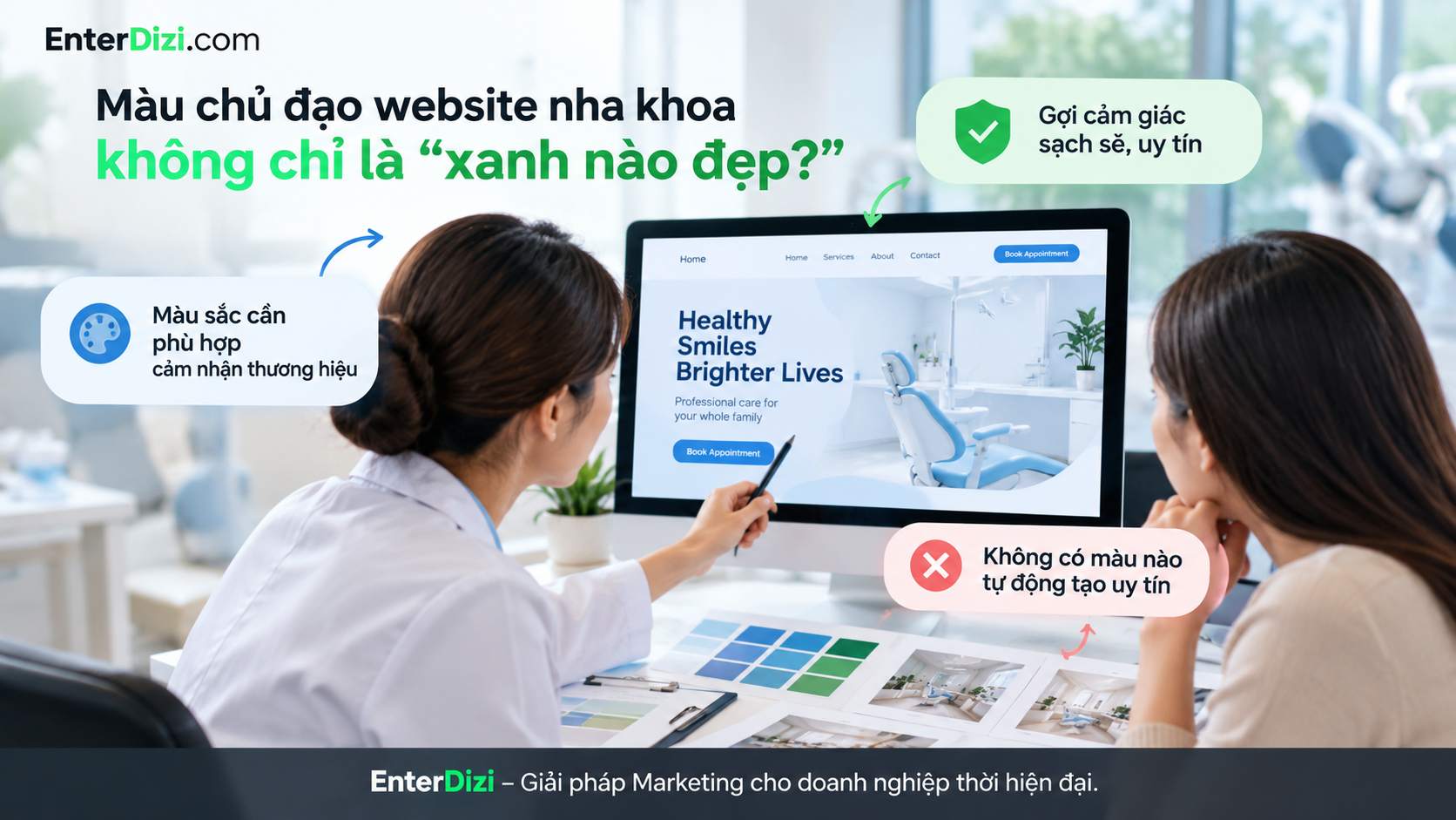 Màu chủ đạo website nha khoa cần phù hợp với nhận diện thương hiệu, tạo cảm giác an tâm và hỗ trợ trải nghiệm người dùng.
