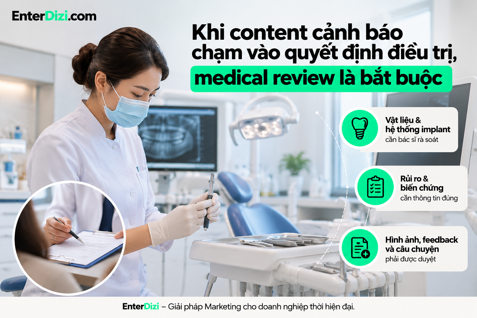 Khi content cảnh báo chạm vào quyết định điều trị, medical review là bắt buộc