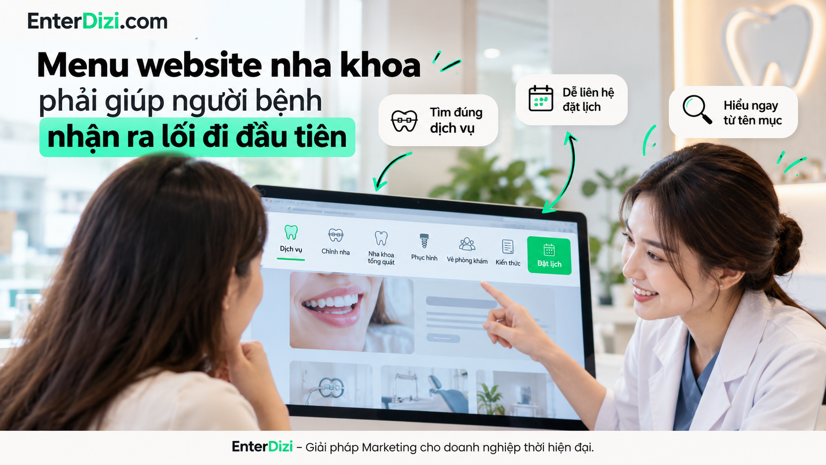 Menu website nha khoa rõ ràng giúp người bệnh nhanh chóng tìm đúng dịch vụ, nhận diện chuyên khoa và lựa chọn bước tiếp theo phù hợp.