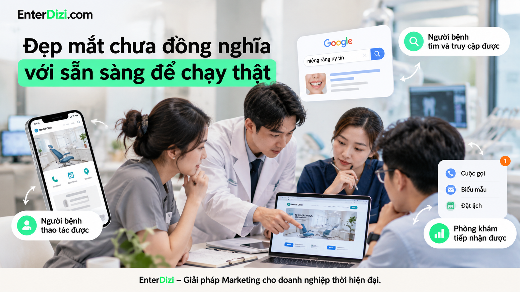 Nghiệm thu website nha khoa không chỉ đánh giá giao diện đẹp mà còn phải kiểm tra trải nghiệm người bệnh, khả năng hiển thị trên Google và quy trình tiếp nhận thông tin đặt lịch.