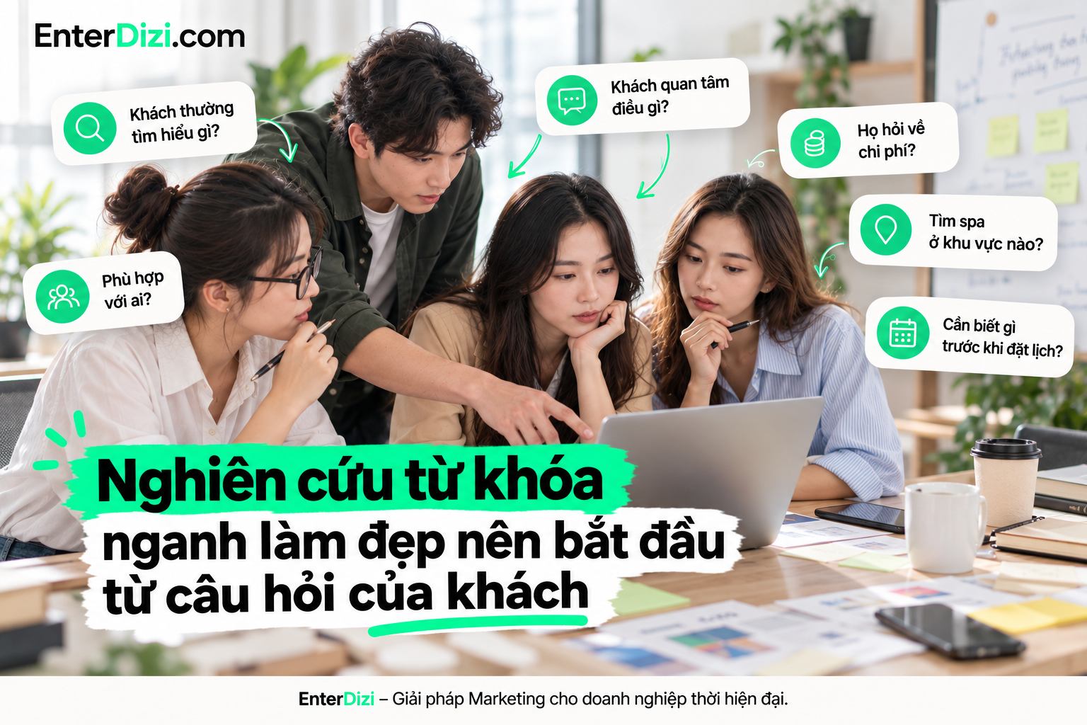 Nghiên cứu từ khóa ngành làm đẹp nên bắt đầu từ những câu hỏi thực tế của khách hàng về dịch vụ, chi phí, quy trình và địa điểm, từ đó xây dựng chiến lược nội dung SEO phù hợp.