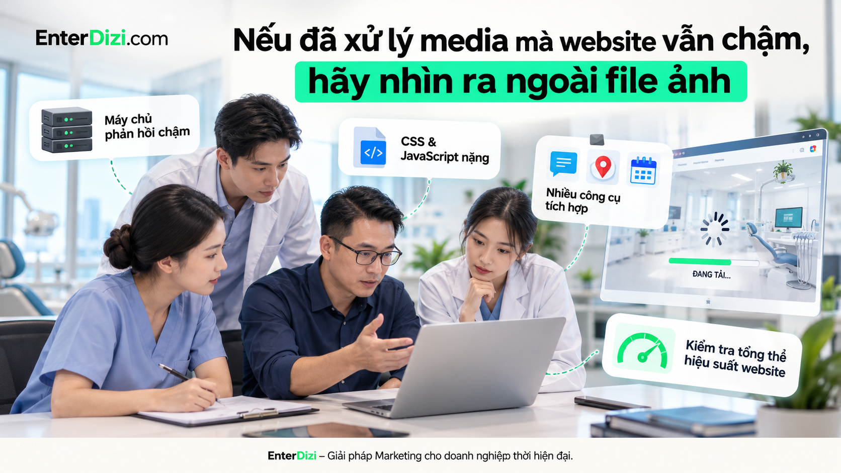 Website nha khoa vẫn có thể tải chậm dù hình ảnh đã được tối ưu do máy chủ phản hồi lâu, CSS, JavaScript hoặc quá nhiều công cụ tích hợp. Kiểm tra toàn diện hệ thống giúp xác định đúng nguyên nhân và cải thiện hiệu suất website.