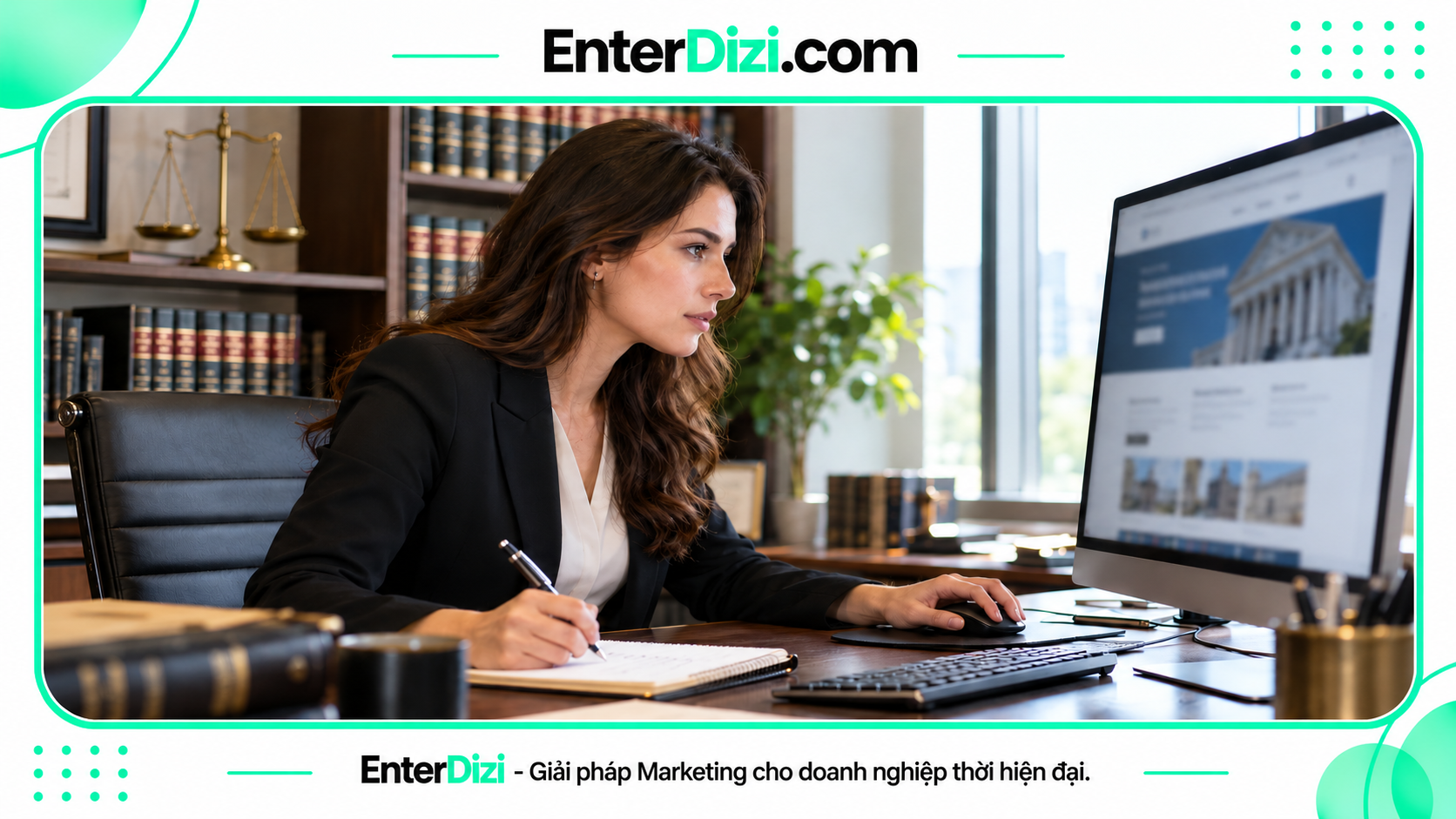 Nhân viên rà soát giao diện website pháp lý và CTA tư vấn luật