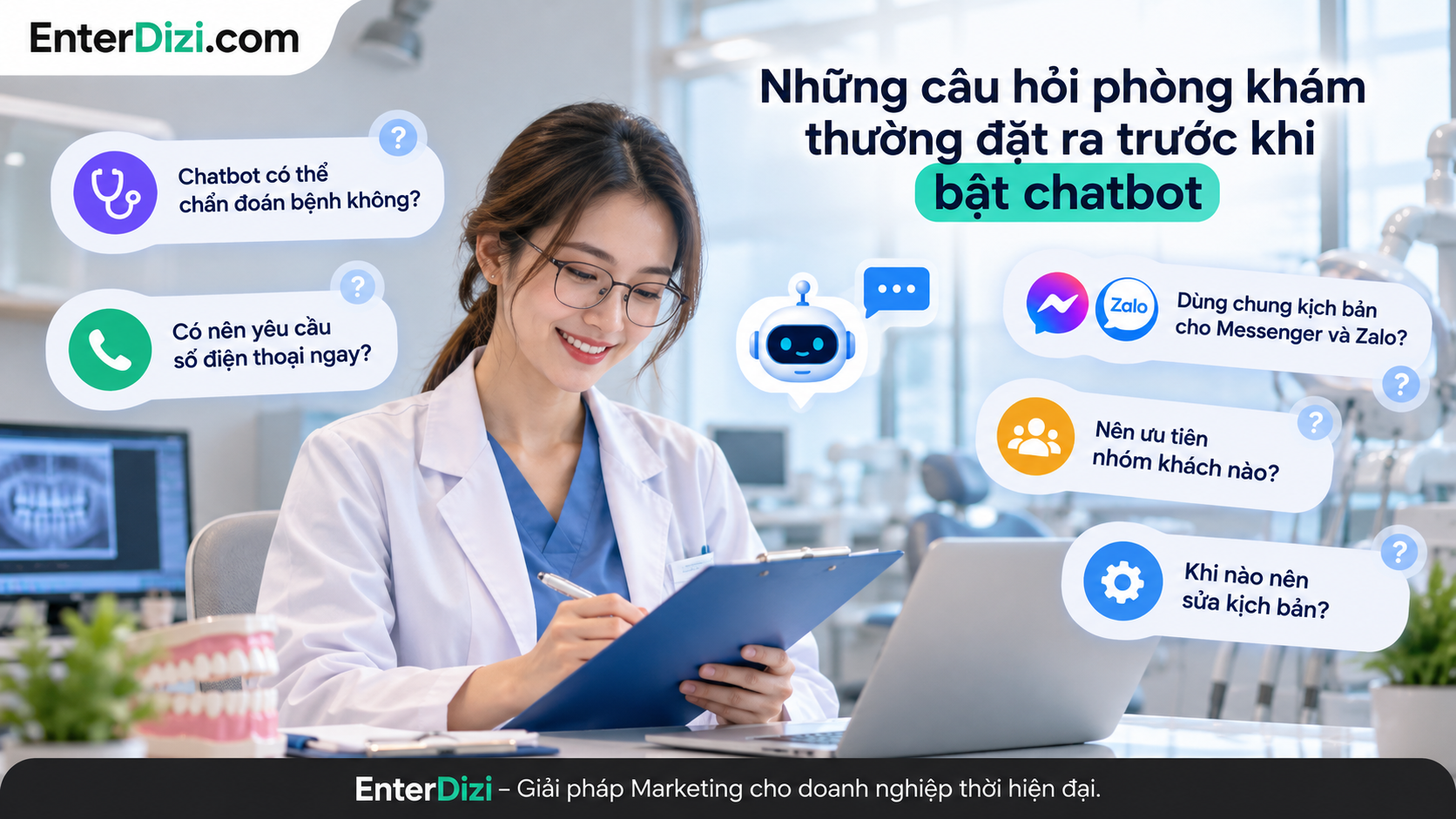 Những câu hỏi phòng khám cần làm rõ trước khi triển khai chatbot nha khoa: khả năng tự động hóa, thu thập số điện thoại, tích hợp Messenger/Zalo, phân loại khách hàng và tối ưu kịch bản.