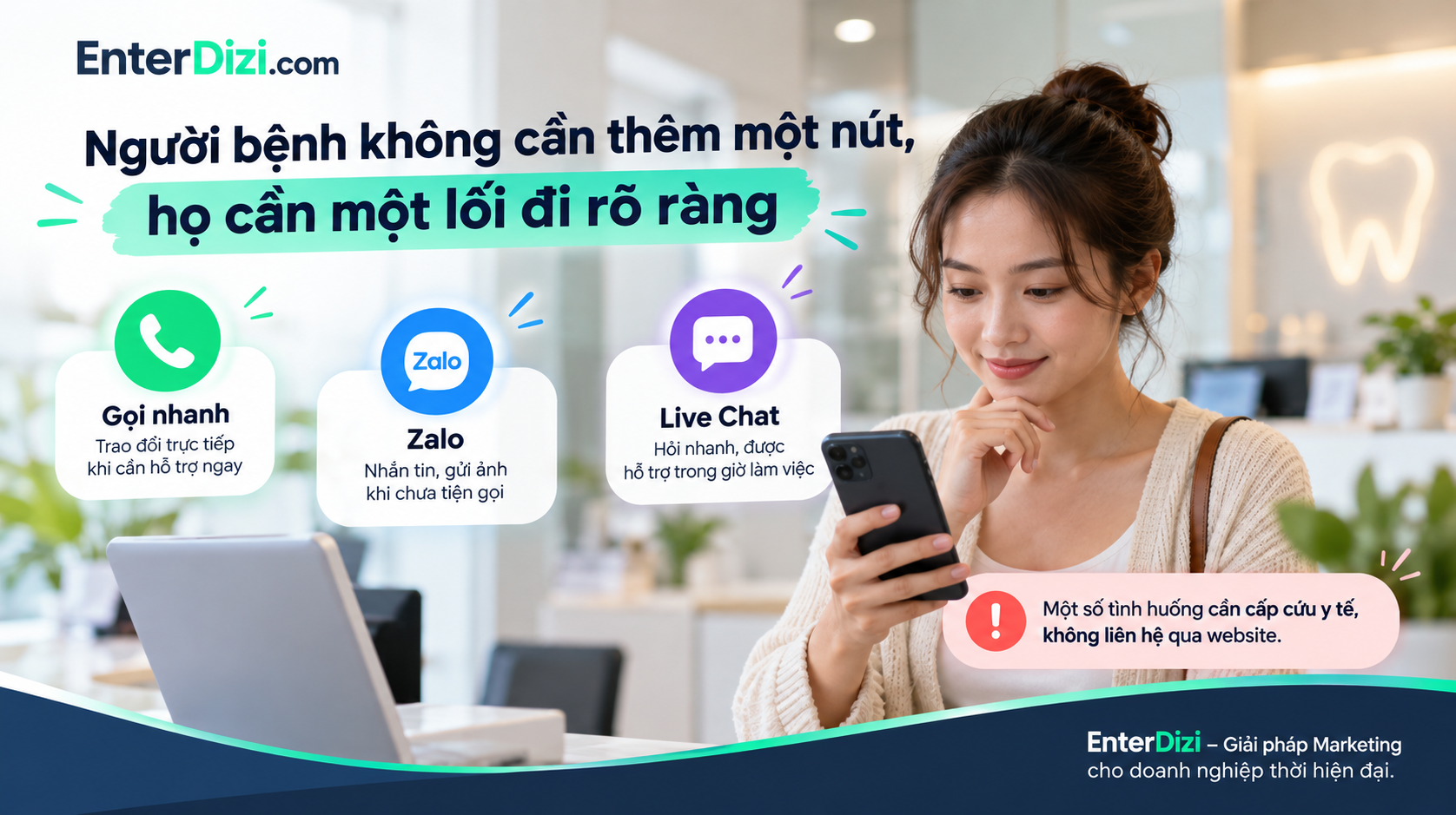 Thiết kế nút Gọi nhanh, Zalo và Live Chat rõ ràng giúp người bệnh nha khoa lựa chọn kênh liên hệ phù hợp khi cần hỗ trợ.
