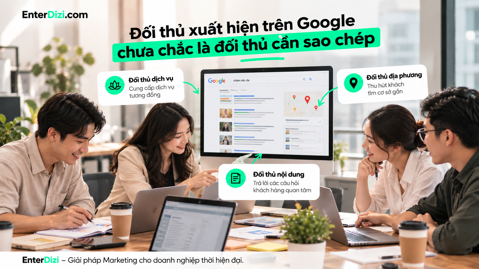 Phân loại đối thủ SEO ngành spa theo ba nhóm: đối thủ dịch vụ, đối thủ nội dung và đối thủ địa phương để xác định đúng website cần phân tích, thay vì sao chép chiến lược của những đơn vị đang xếp hạng cao trên Google.