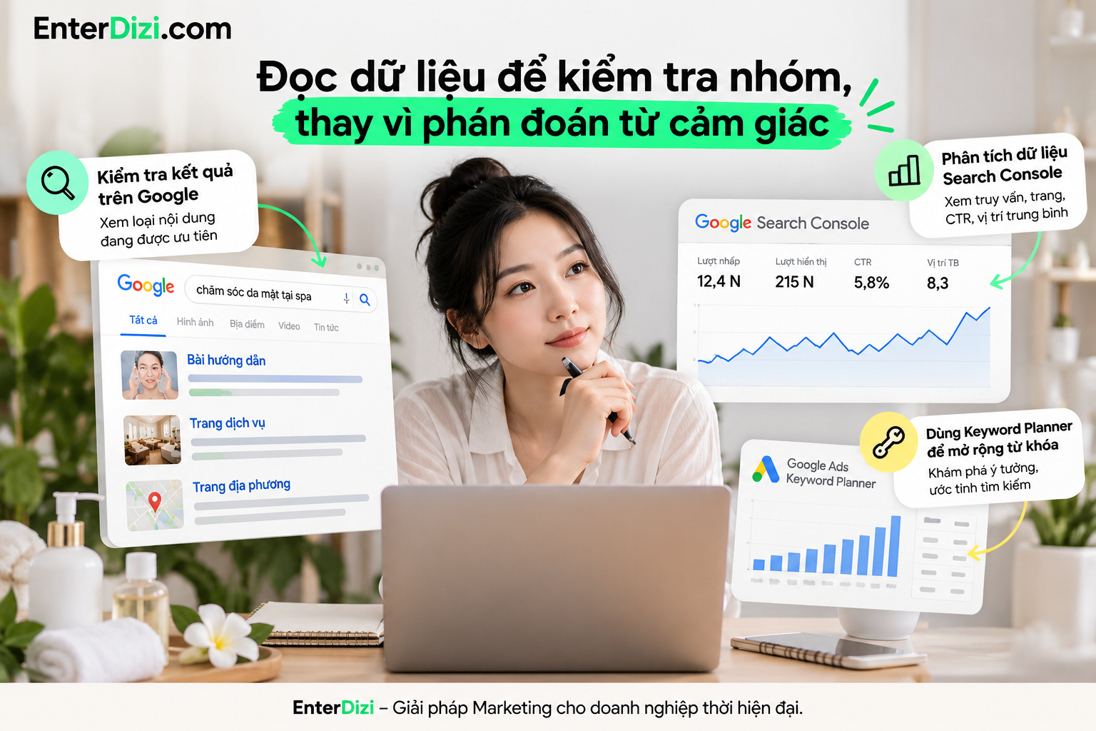 Phân tích kết quả tìm kiếm Google, dữ liệu Search Console và Keyword Planner giúp kiểm tra mức độ phù hợp của các nhóm từ khóa spa, từ đó xây dựng cấu trúc nội dung SEO dựa trên dữ liệu thực tế.