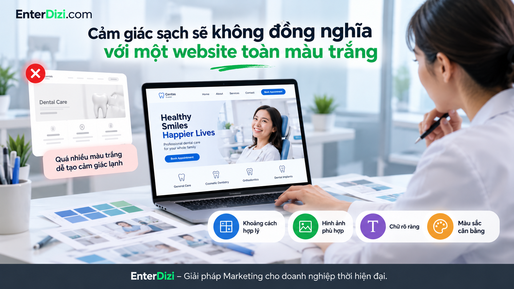 Màu chủ đạo website nha khoa cần phù hợp với nhận diện thương hiệu, tạo cảm giác an tâm và hỗ trợ trải nghiệm người dùng.