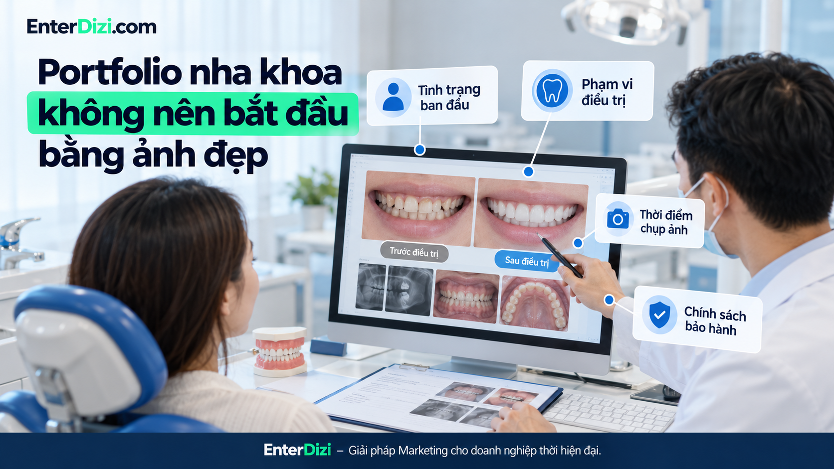 Portfolio nha khoa đáng tin cậy cần thể hiện rõ tình trạng ban đầu, phạm vi điều trị, thời điểm chụp ảnh và chính sách bảo hành, thay vì chỉ tập trung vào hình ảnh nụ cười đẹp.