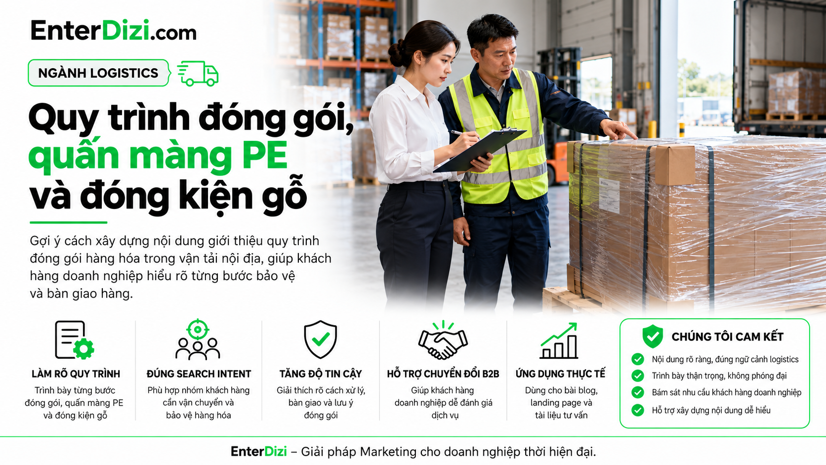 Quy trình đóng gói hàng vận tải nội địa bằng màng PE và kiện gỗ