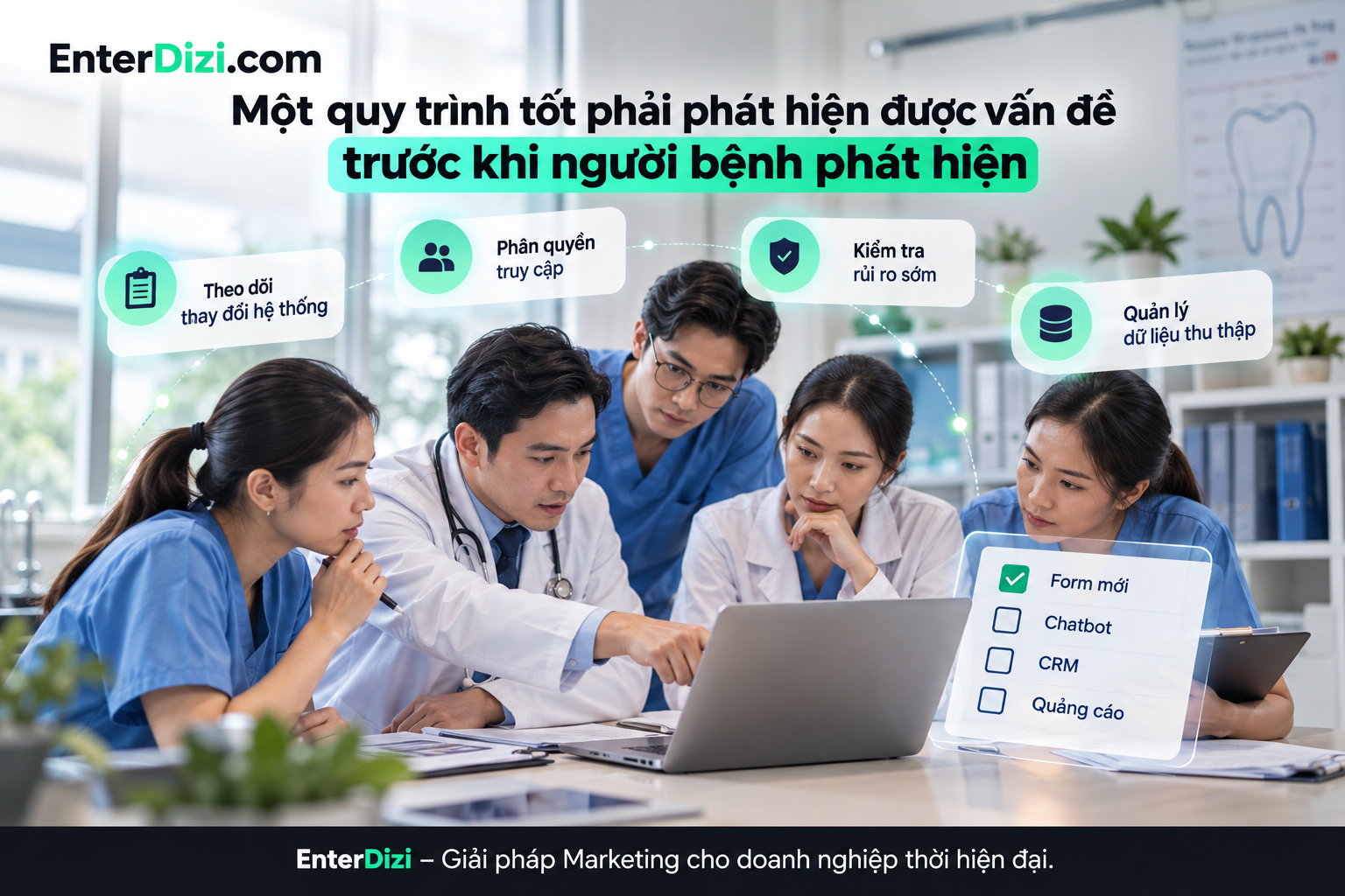 Xây dựng quy trình kiểm tra bảo mật website nha khoa, quản lý quyền truy cập và giám sát thay đổi hệ thống giúp phát hiện sớm nguy cơ rò rỉ dữ liệu bệnh nhân.