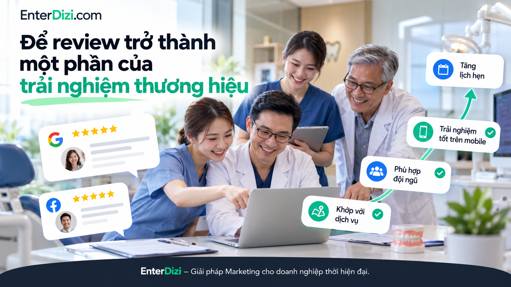 Kết hợp đánh giá Google Maps, trải nghiệm website và thông tin phòng khám để xây dựng niềm tin và sự nhất quán trong thương hiệu nha khoa.