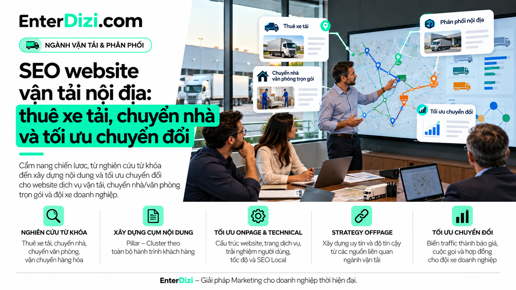 Infographic SEO vận tải nội địa kết nối thuê xe tải chuyển nhà và phân phối