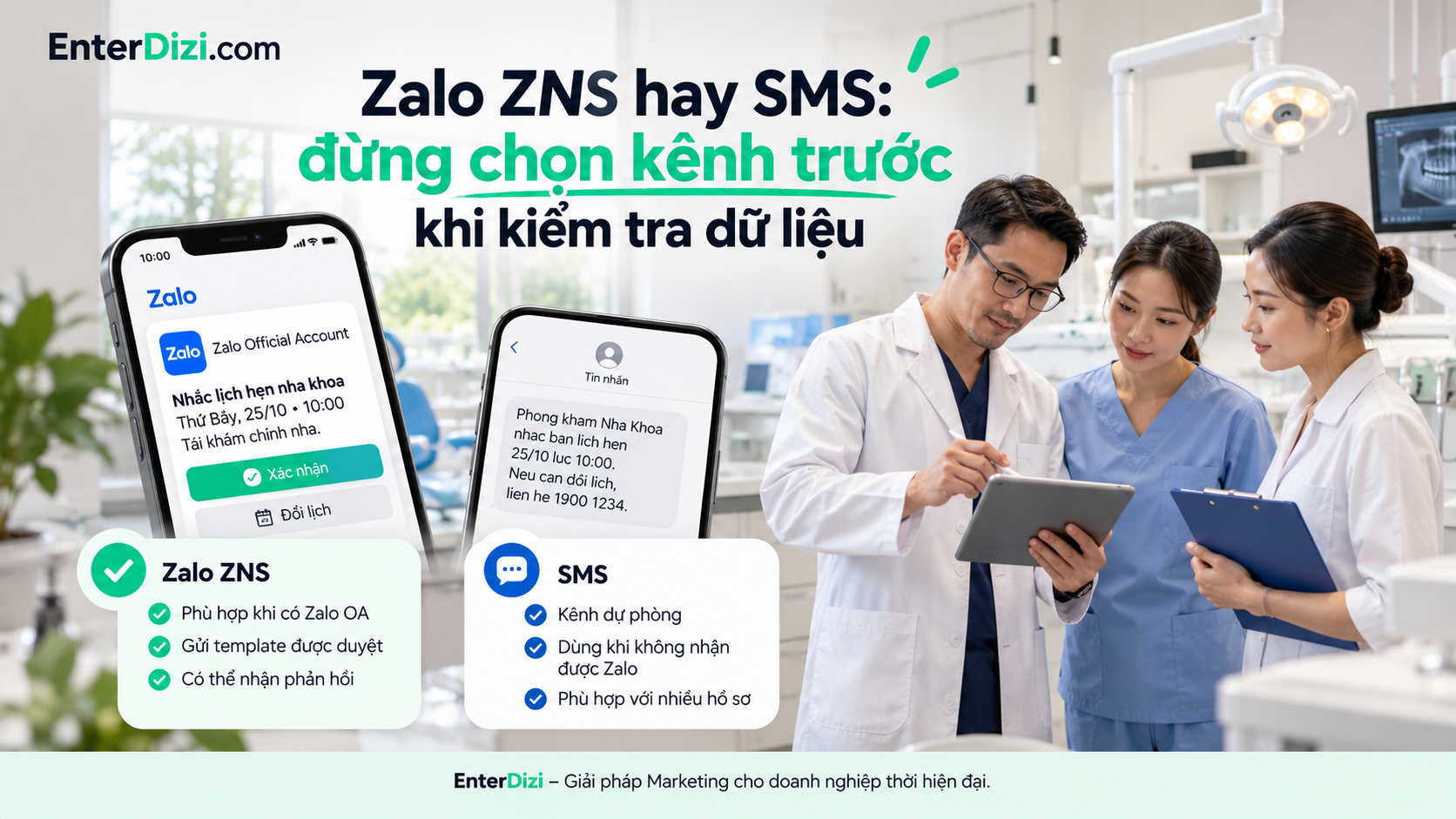 So sánh Zalo ZNS và SMS trong hệ thống nhắc lịch nha khoa, giúp phòng khám lựa chọn kênh gửi tin phù hợp với dữ liệu người bệnh, điều kiện triển khai và quy trình dự phòng.