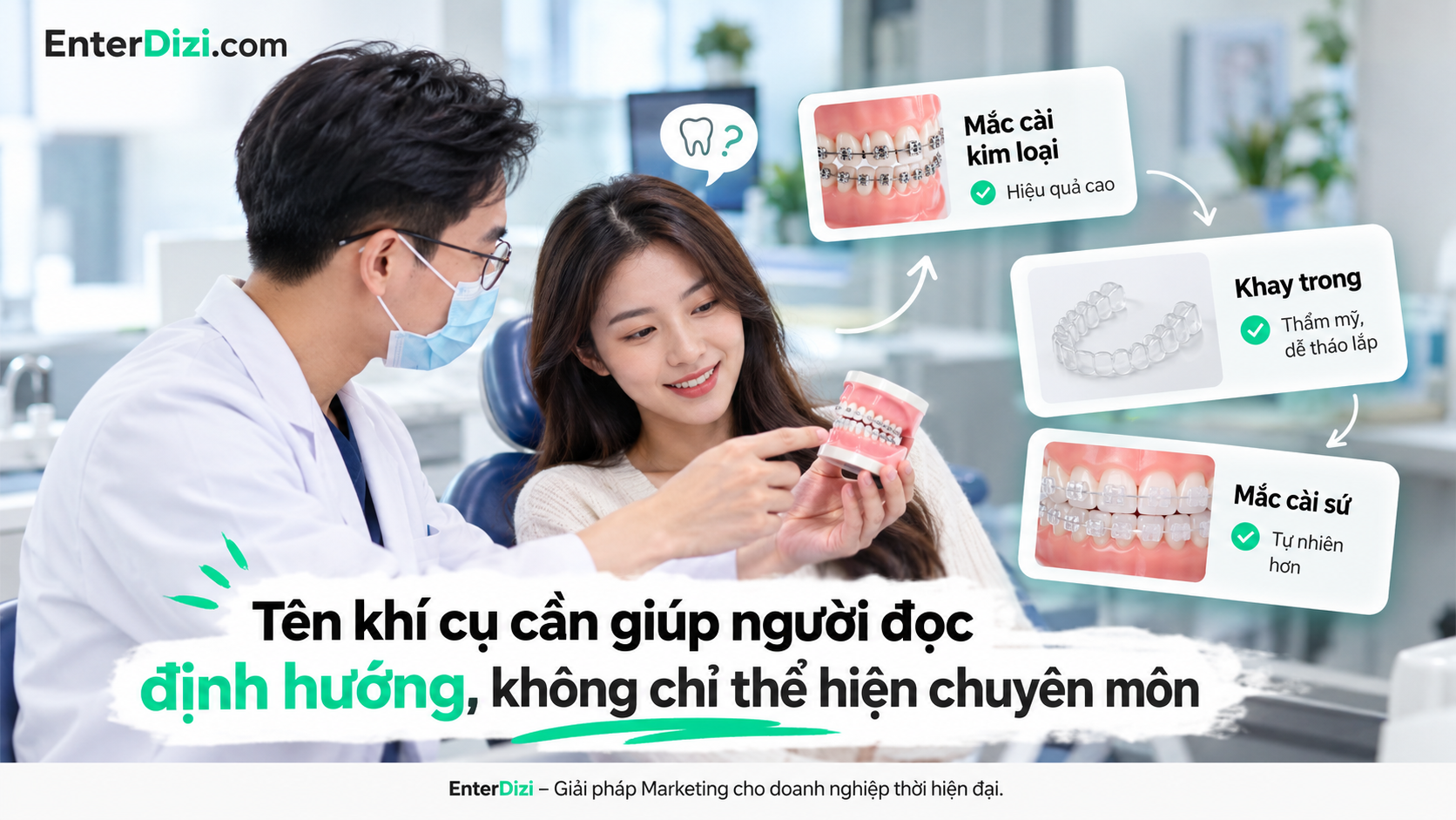 Tên các loại khí cụ chỉnh nha cần được trình bày dễ hiểu, kết hợp hình ảnh trực quan và mô tả ngắn gọn để người dùng nhận biết sự khác biệt giữa các phương án trước khi tư vấn.