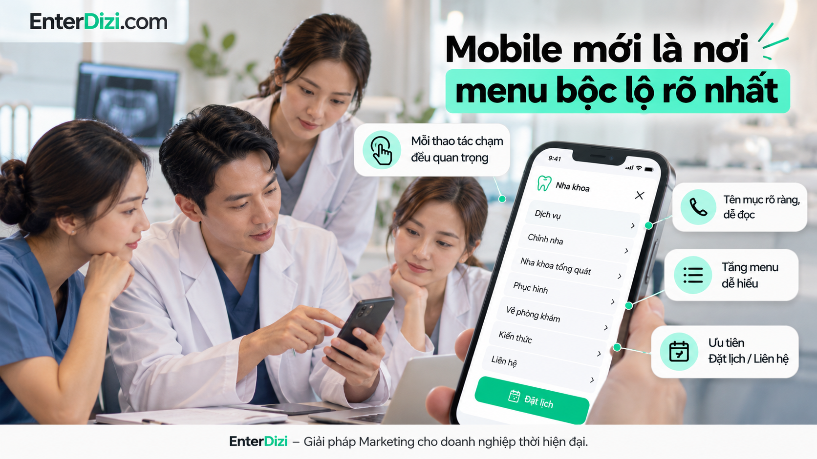 Thiết kế menu website nha khoa trên mobile cần ưu tiên thao tác chạm dễ dàng, tên mục rõ ràng và khả năng tìm kiếm dịch vụ nhanh chóng.