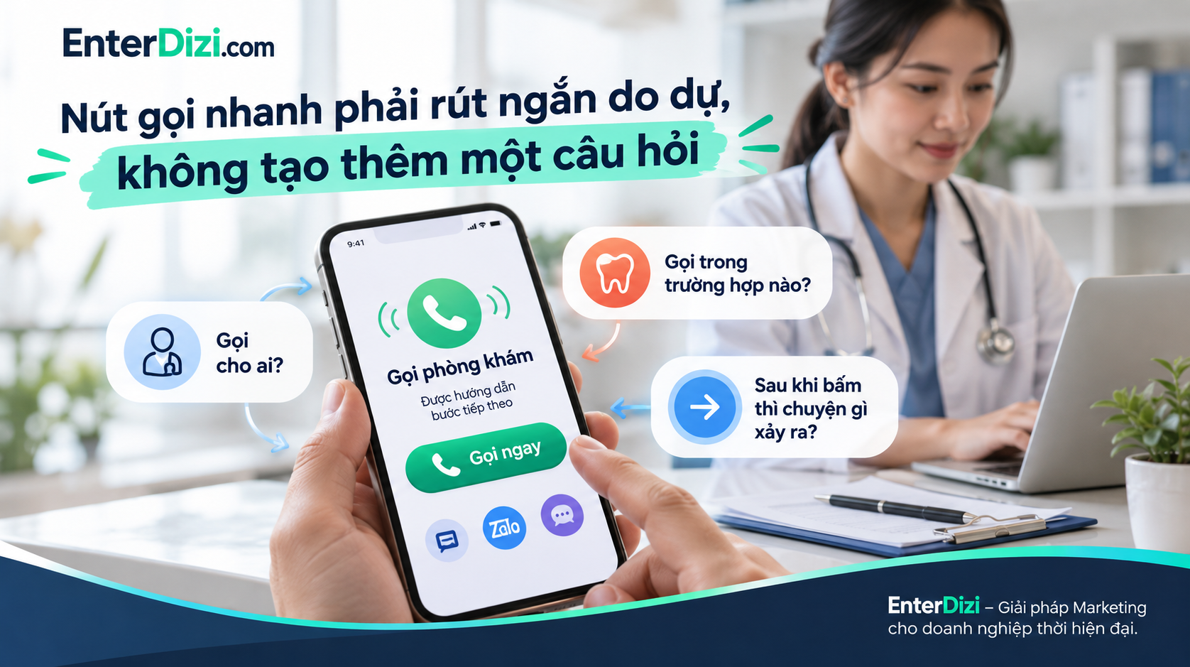 Nút gọi nhanh trên website nha khoa giúp người bệnh liên hệ trực tiếp với phòng khám, giảm thao tác và rút ngắn thời gian tìm kiếm hỗ trợ.