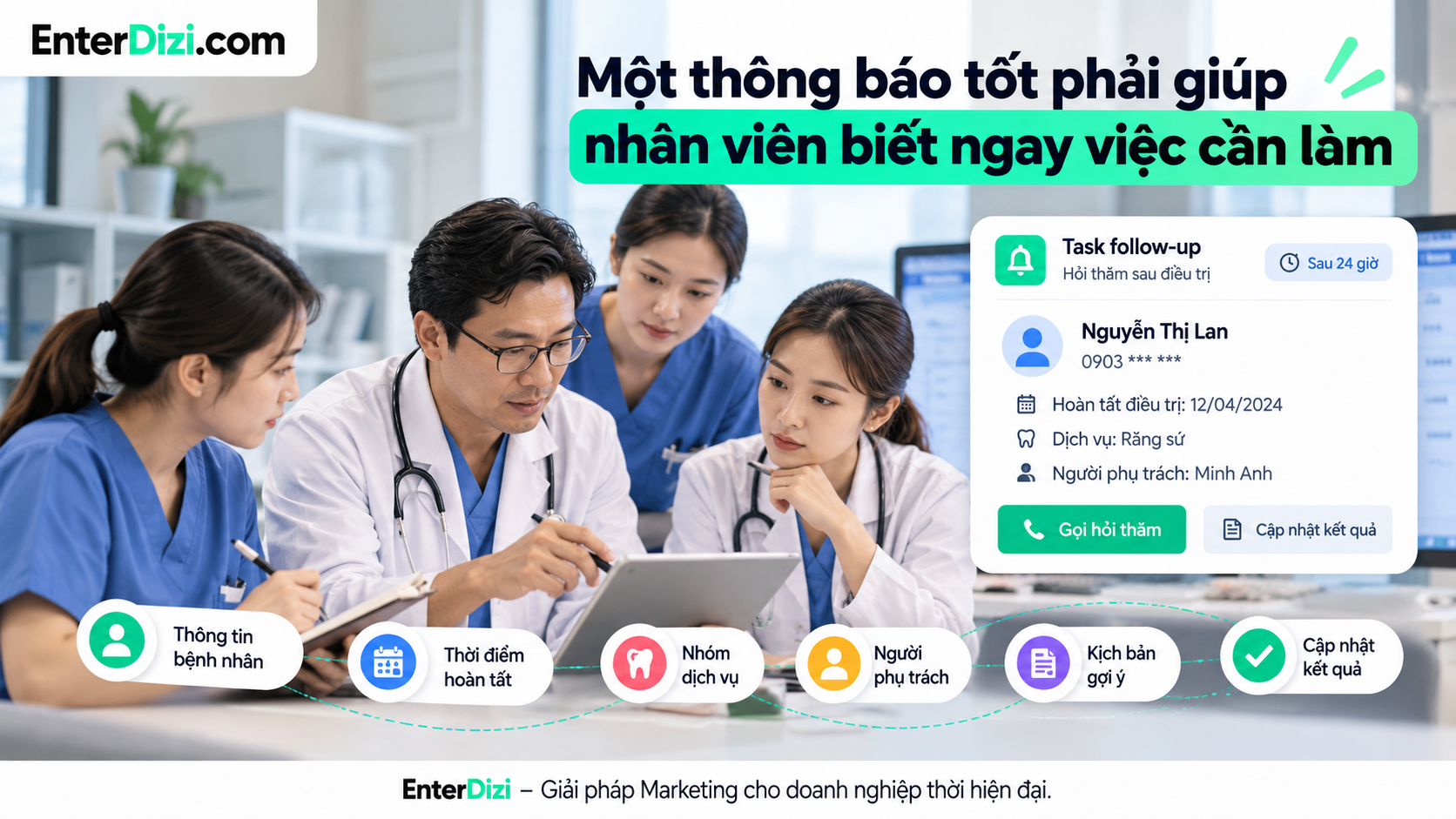 Thông báo CRM giúp nhân viên nha khoa nắm rõ thông tin, người phụ trách và nhiệm vụ gọi hỏi thăm bệnh nhân sau điều trị.