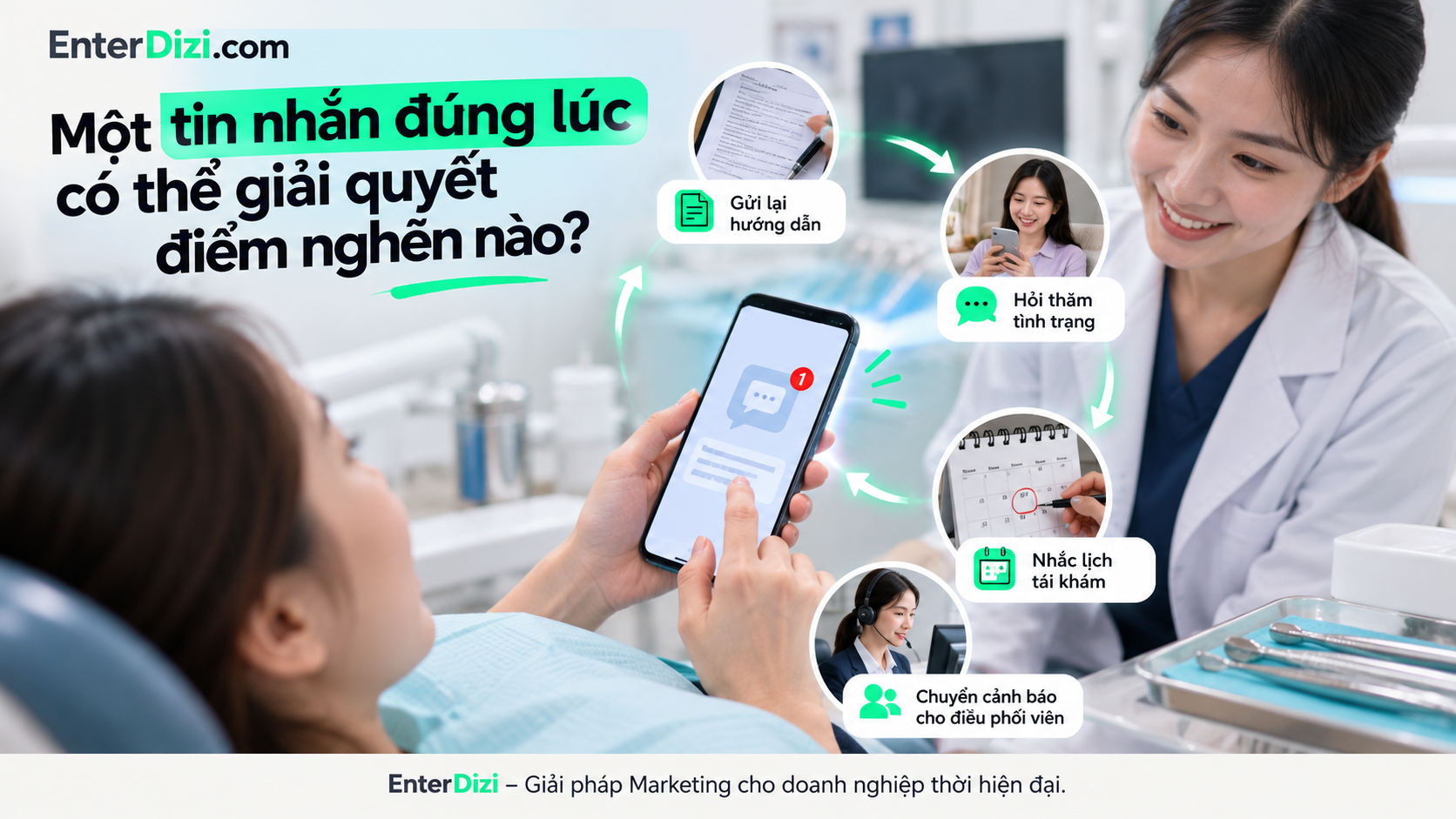 Tự động hóa tin nhắn chăm sóc sau điều trị nha khoa giúp phòng khám gửi hướng dẫn đúng lúc, theo dõi phản hồi, nhắc lịch tái khám và chuyển các yêu cầu cần hỗ trợ đến nhân sự phụ trách.