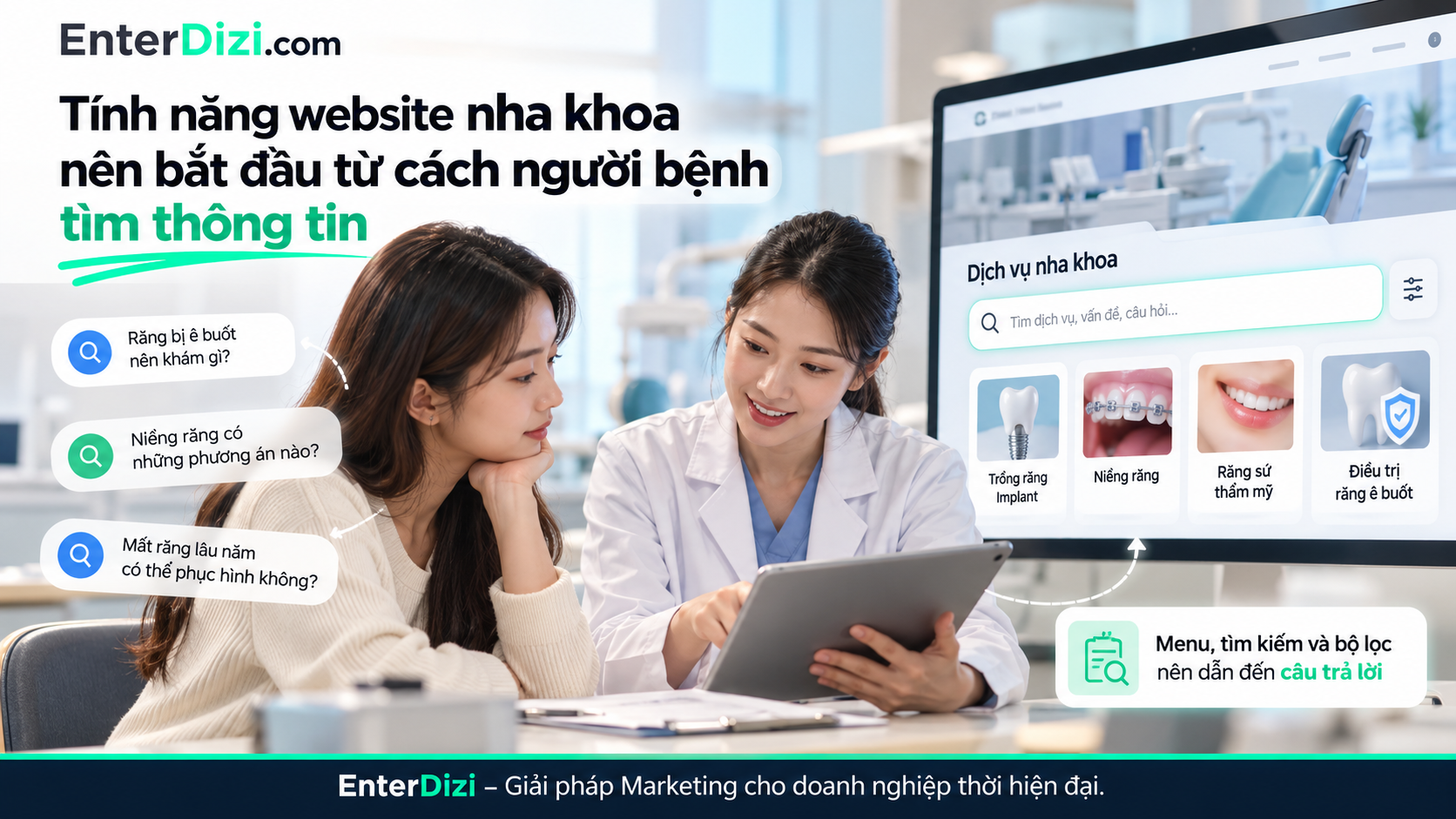 Menu, công cụ tìm kiếm và bộ lọc trên website nha khoa cần giúp người bệnh dễ dàng tìm thấy thông tin dịch vụ phù hợp với nhu cầu thực tế.