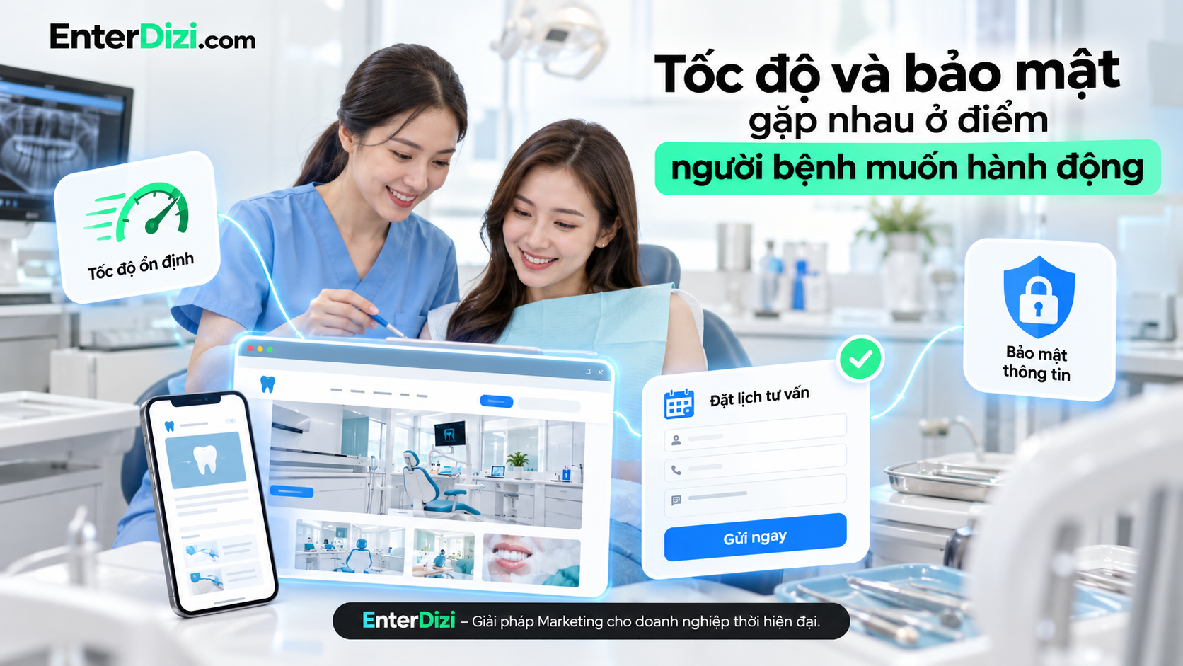 Tốc độ tải trang, bảo mật thông tin và biểu mẫu đặt lịch ổn định giúp nâng cao trải nghiệm người bệnh trên website nha khoa.
