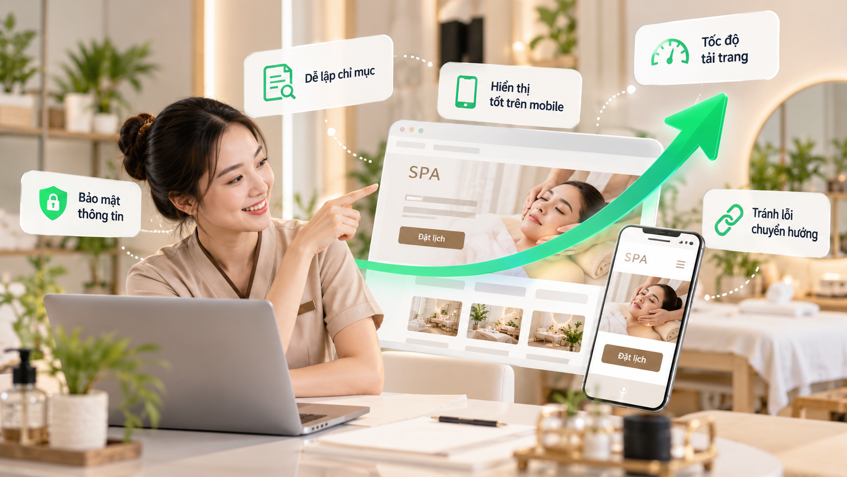 Tối ưu kỹ thuật SEO website spa giúp cải thiện tốc độ tải trang, trải nghiệm di động, khả năng lập chỉ mục và sự thuận tiện khi đặt lịch.