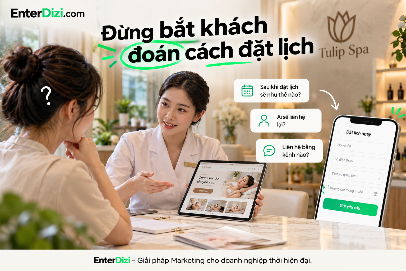 Quy trình đặt lịch trên website spa cần đơn giản, minh bạch và dễ thao tác, giúp khách gửi yêu cầu, biết cách nhận phản hồi và xác nhận lịch hẹn thuận tiện.