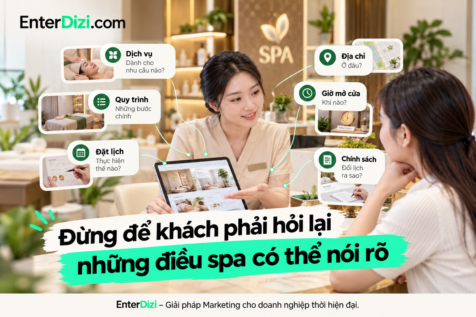 Cung cấp thông tin rõ ràng về dịch vụ, quy trình, địa chỉ, giờ mở cửa và chính sách đặt lịch giúp spa giảm rào cản tư vấn, đồng thời cải thiện trải nghiệm khách hàng từ quảng cáo Facebook Ads.