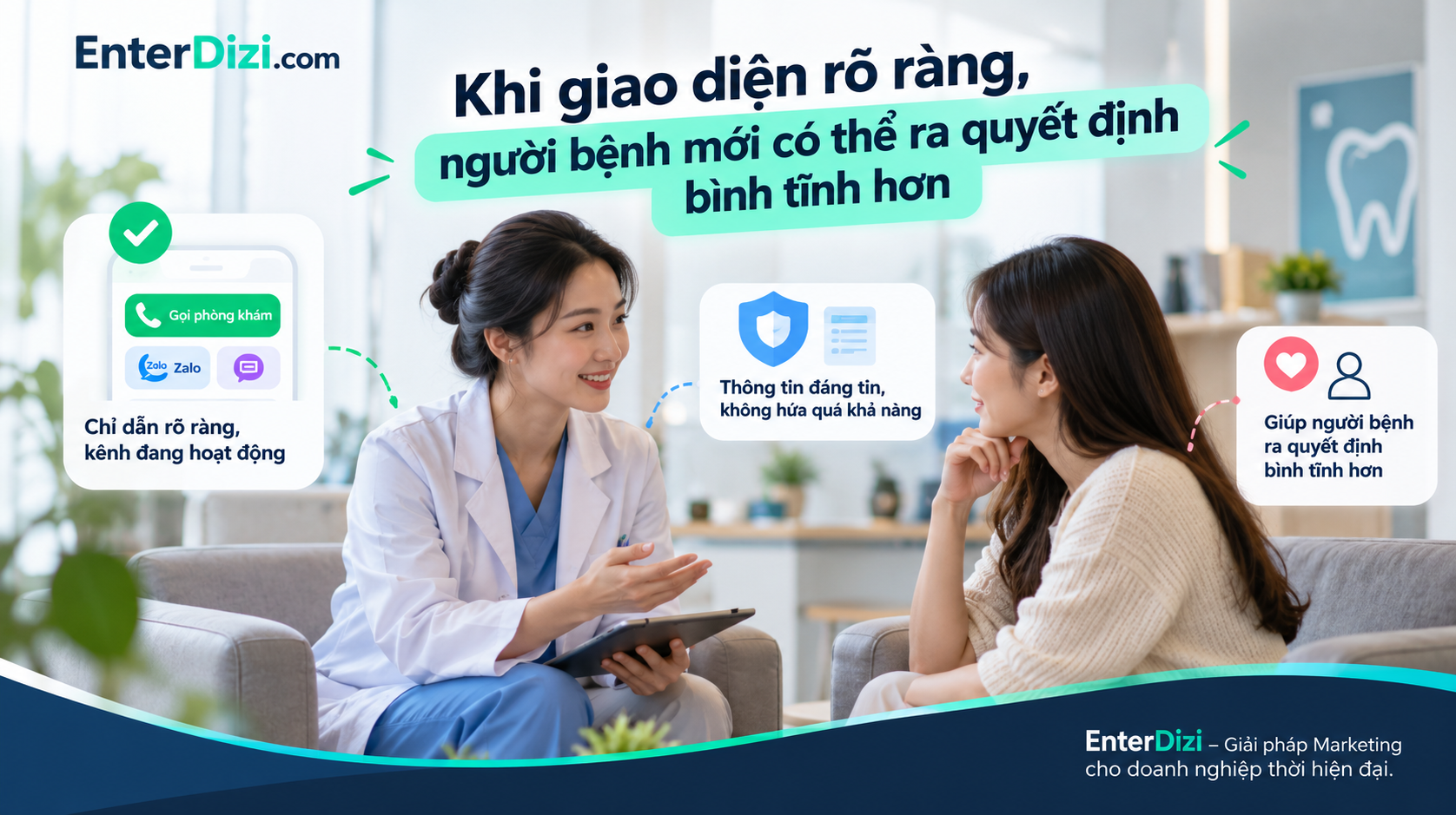 Giao diện website nha khoa rõ ràng, thông tin đáng tin cậy và kênh liên hệ thuận tiện giúp người bệnh bình tĩnh lựa chọn bước tiếp theo.