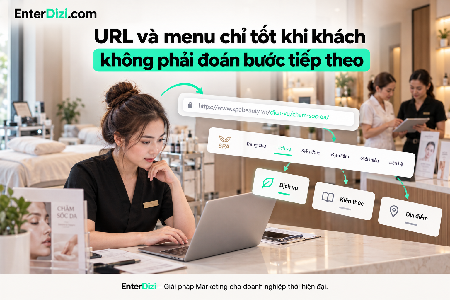 Tối ưu URL và menu điều hướng website spa giúp khách hàng dễ dàng tìm kiếm dịch vụ, kiến thức chăm sóc da và thông tin cơ sở mà không mất nhiều thao tác.