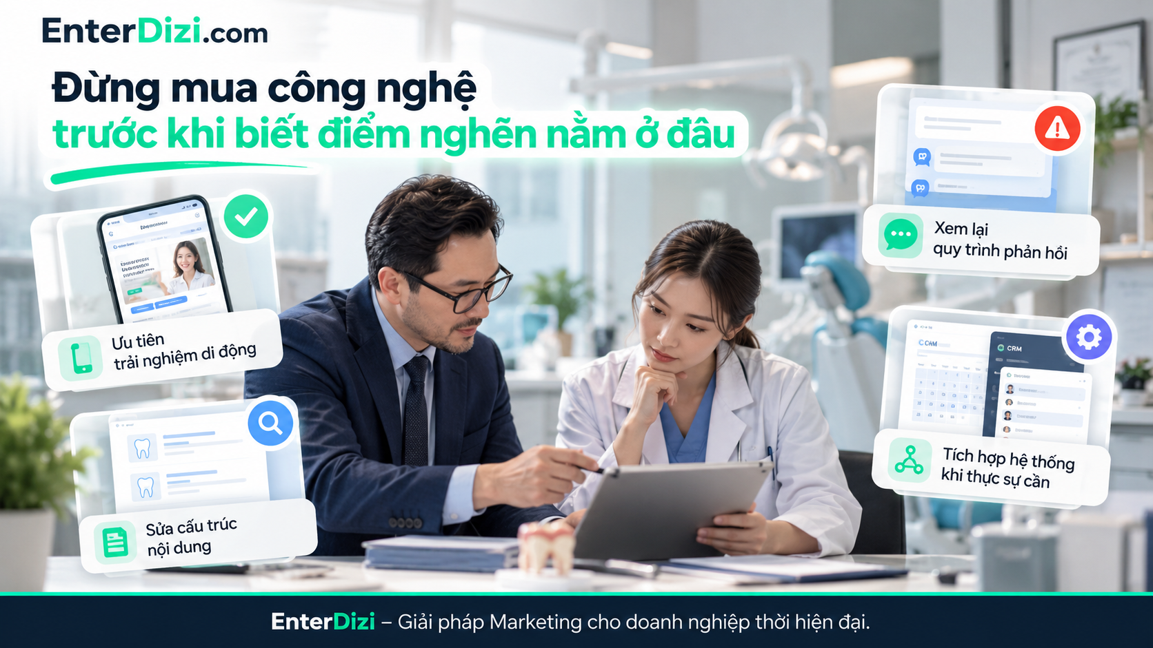 Đầu tư công nghệ website nha khoa cần bắt đầu từ việc xác định điểm nghẽn thực tế, ưu tiên trải nghiệm di động, cấu trúc nội dung và quy trình phản hồi trước khi tích hợp hệ thống phức tạp.