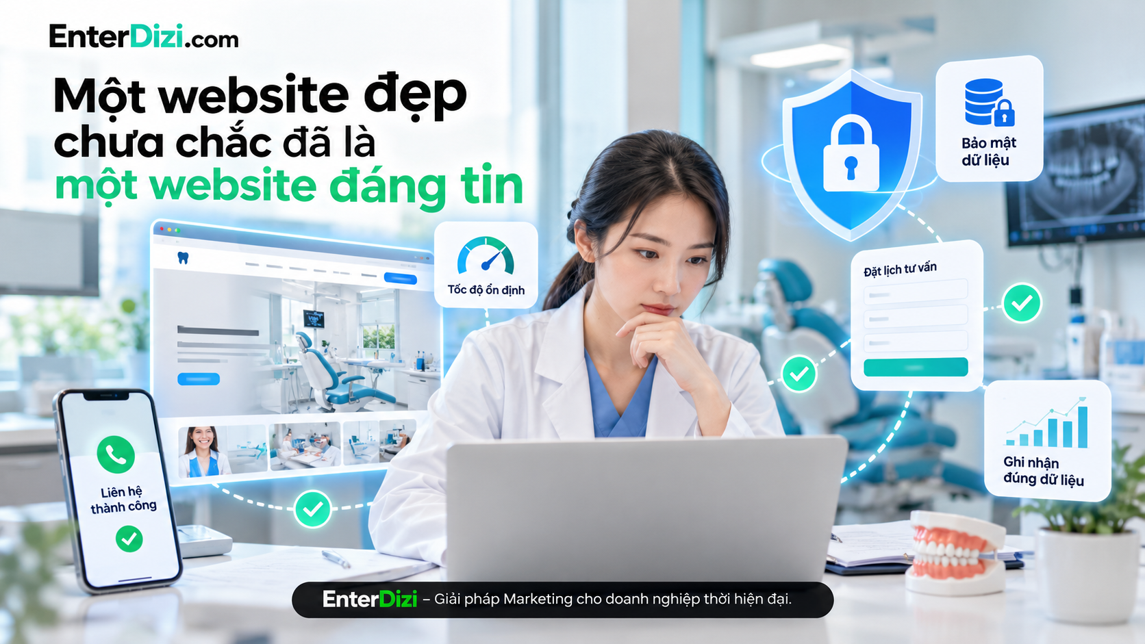 Website nha khoa đáng tin cần kết hợp thiết kế chuyên nghiệp, tốc độ ổn định, bảo mật dữ liệu và hệ thống đặt lịch hoạt động hiệu quả.