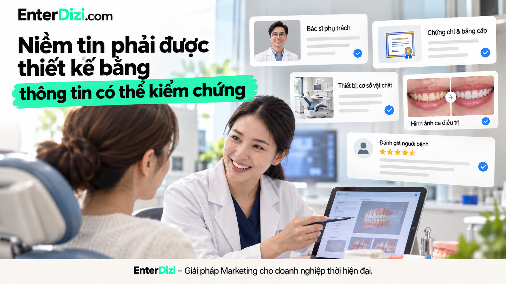 Xây dựng niềm tin trên website nha khoa bằng thông tin bác sĩ, chứng chỉ, hình ảnh điều trị và đánh giá có thể kiểm chứng.