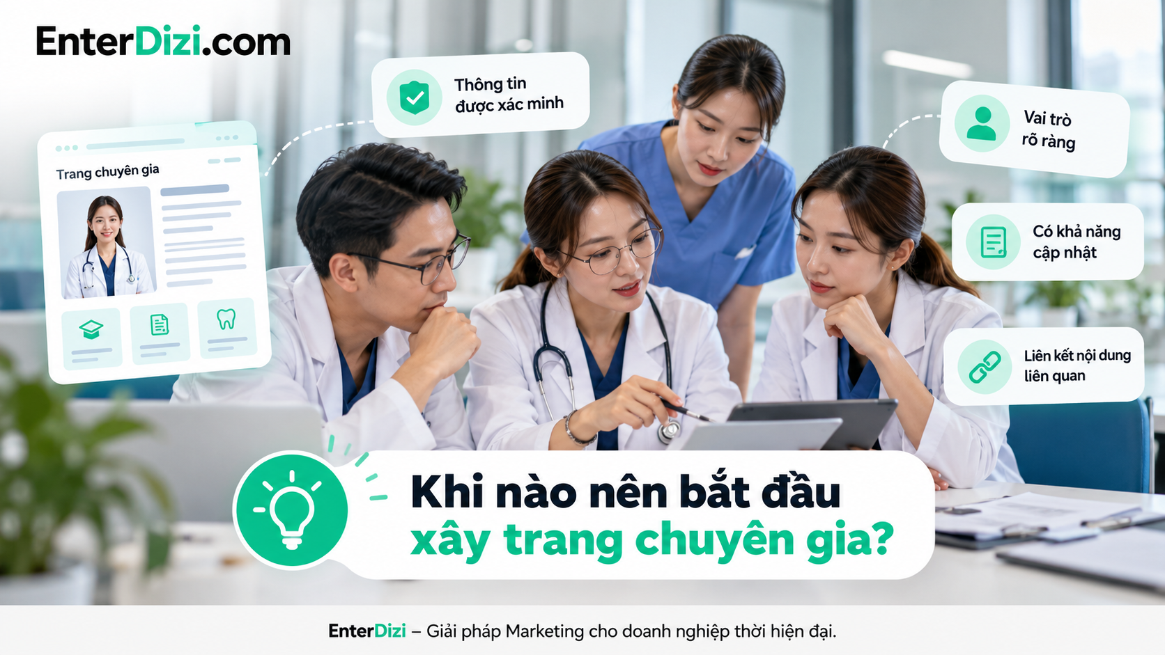 Xây dựng trang chuyên gia nha khoa với hồ sơ bác sĩ được xác minh, vai trò chuyên môn rõ ràng và thông tin cập nhật nhằm củng cố uy tín phòng khám.