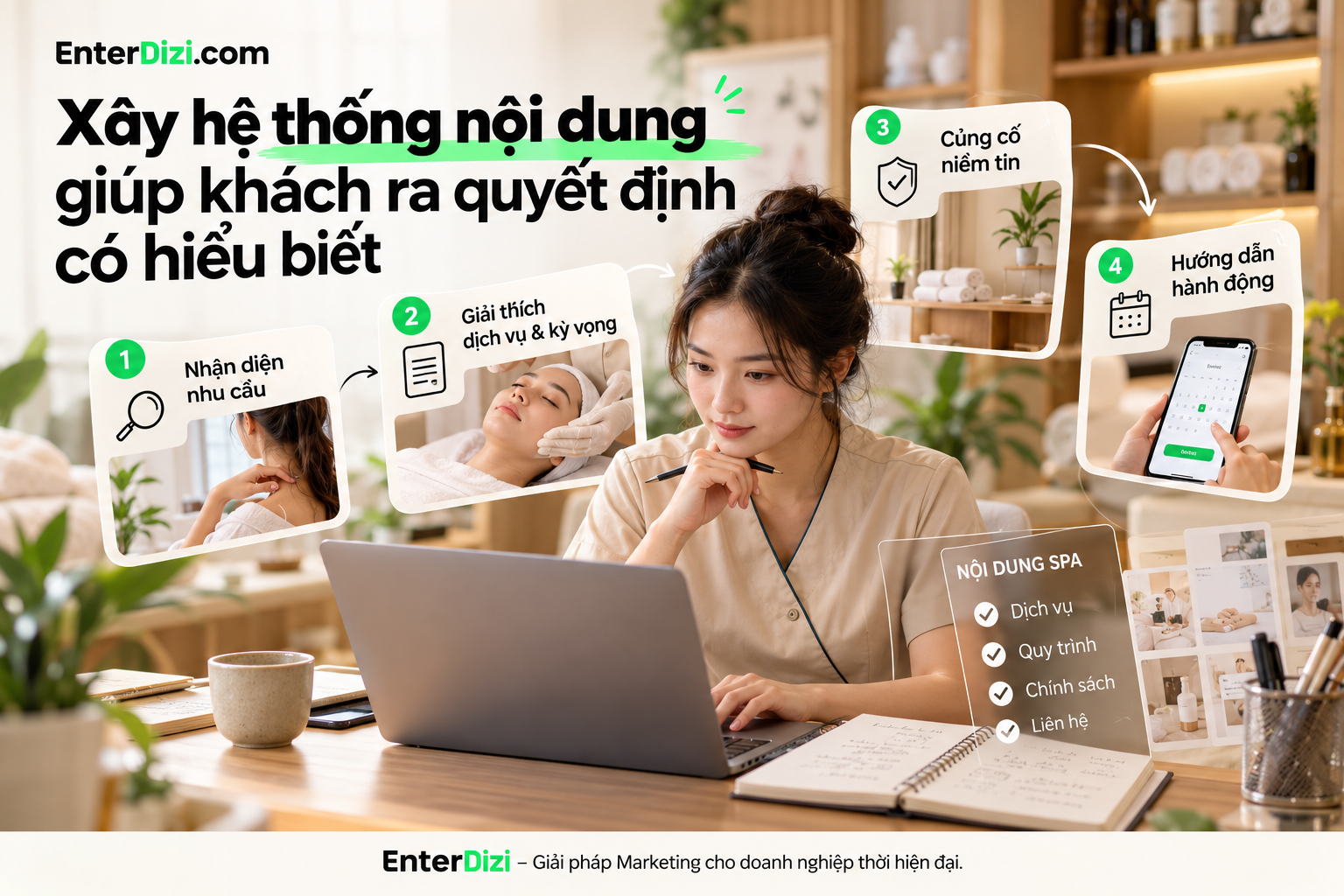 Xây dựng hệ thống nội dung spa marketing giúp khách hàng hiểu rõ dịch vụ, quy trình, chính sách và chủ động đưa ra quyết định đặt lịch.