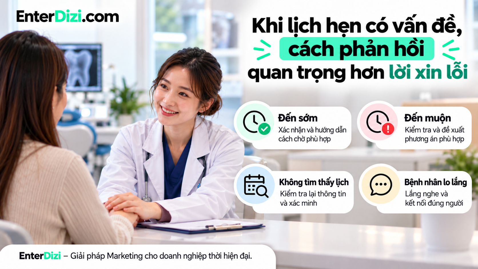 Khi bệnh nhân đến sớm, đến muộn, không tìm thấy lịch hẹn hoặc cảm thấy lo lắng, phòng khám cần kiểm tra thông tin, giải thích rõ ràng và đưa ra phương án phù hợp để duy trì trải nghiệm tích cực.
